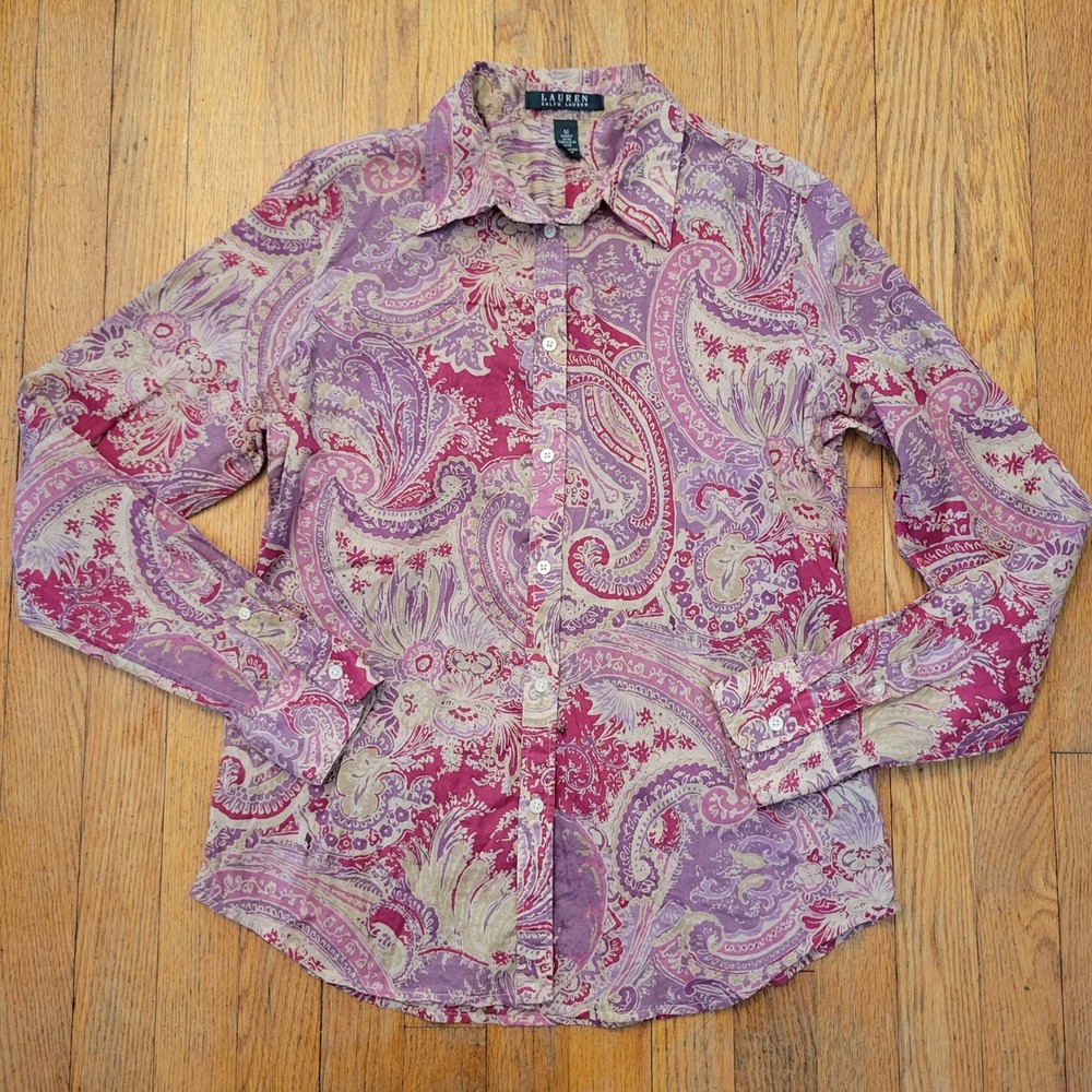 Lauren Ralph Lauren Paisley Button-Down Shirt in Purple and Cream